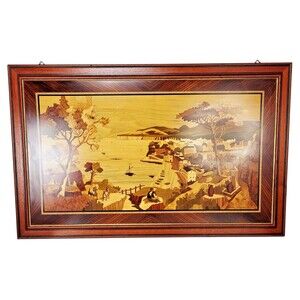 Antique Marquetry Wood Inlaid Panel Artwork Made In Italy Signed Framed Italy